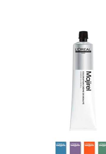 Tubka farby do włosów L’Oréal Majirel stoi na białym tle.